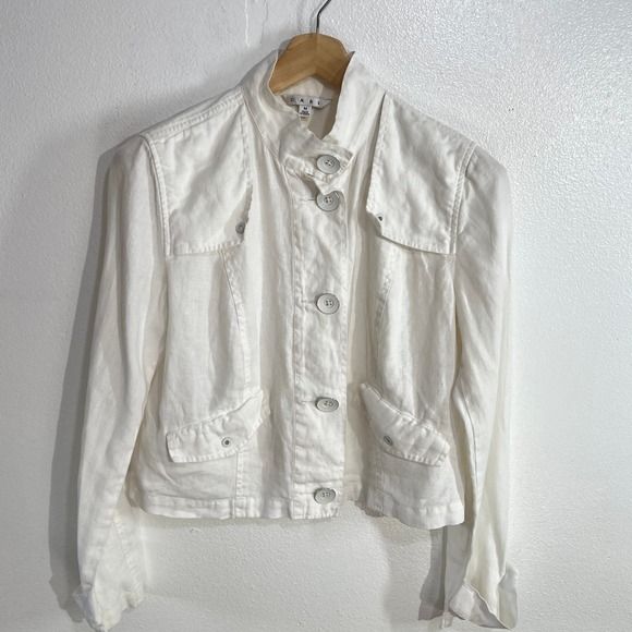 CAbi Jackets & Blazers - CAbi‎ White Linen Utility Jacket Medium Mandarin Collar Button Front Cropped